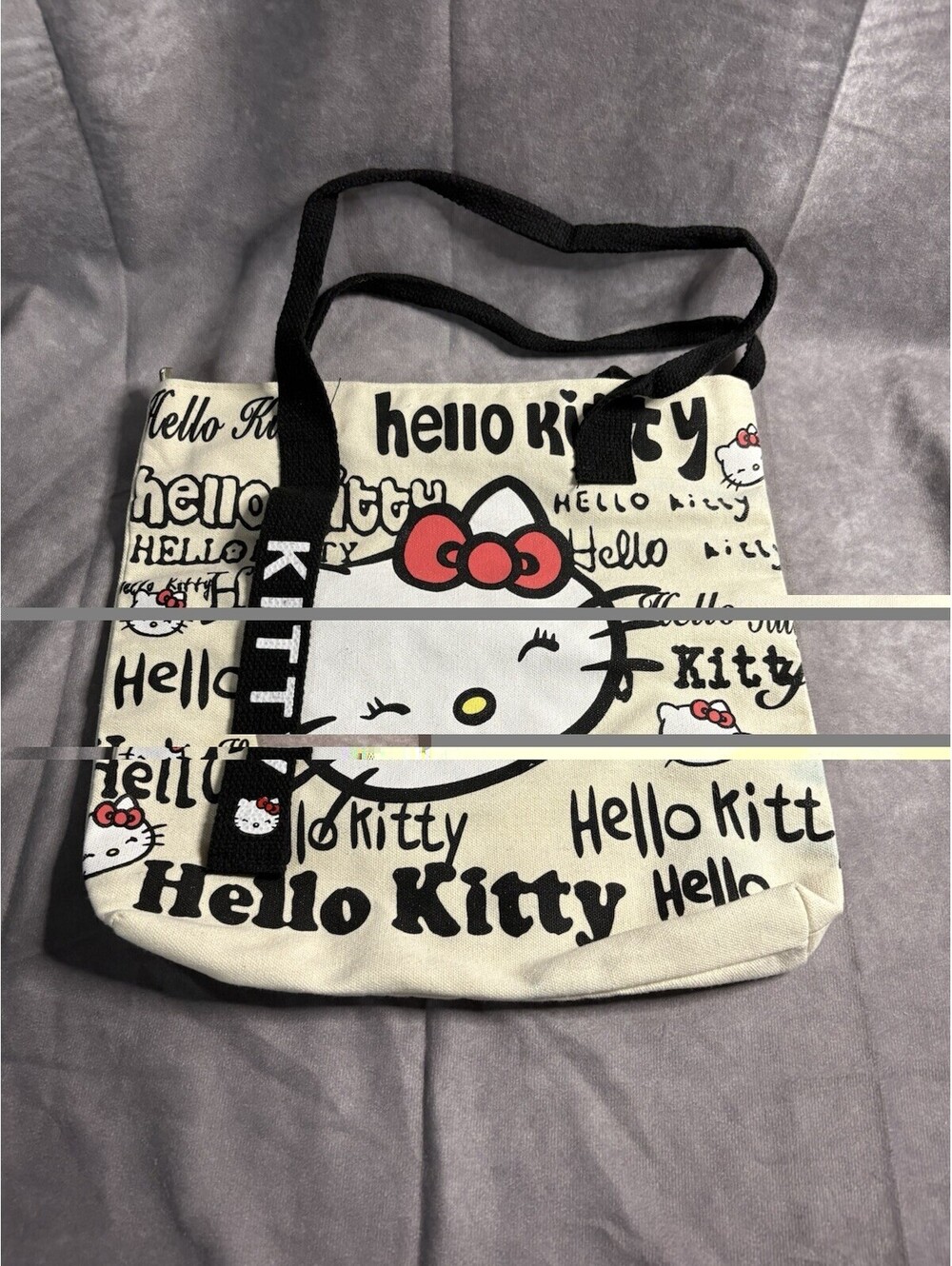 Hello Kitty Canvas Tote Bag Black Straps Allover Print Sanrio Style